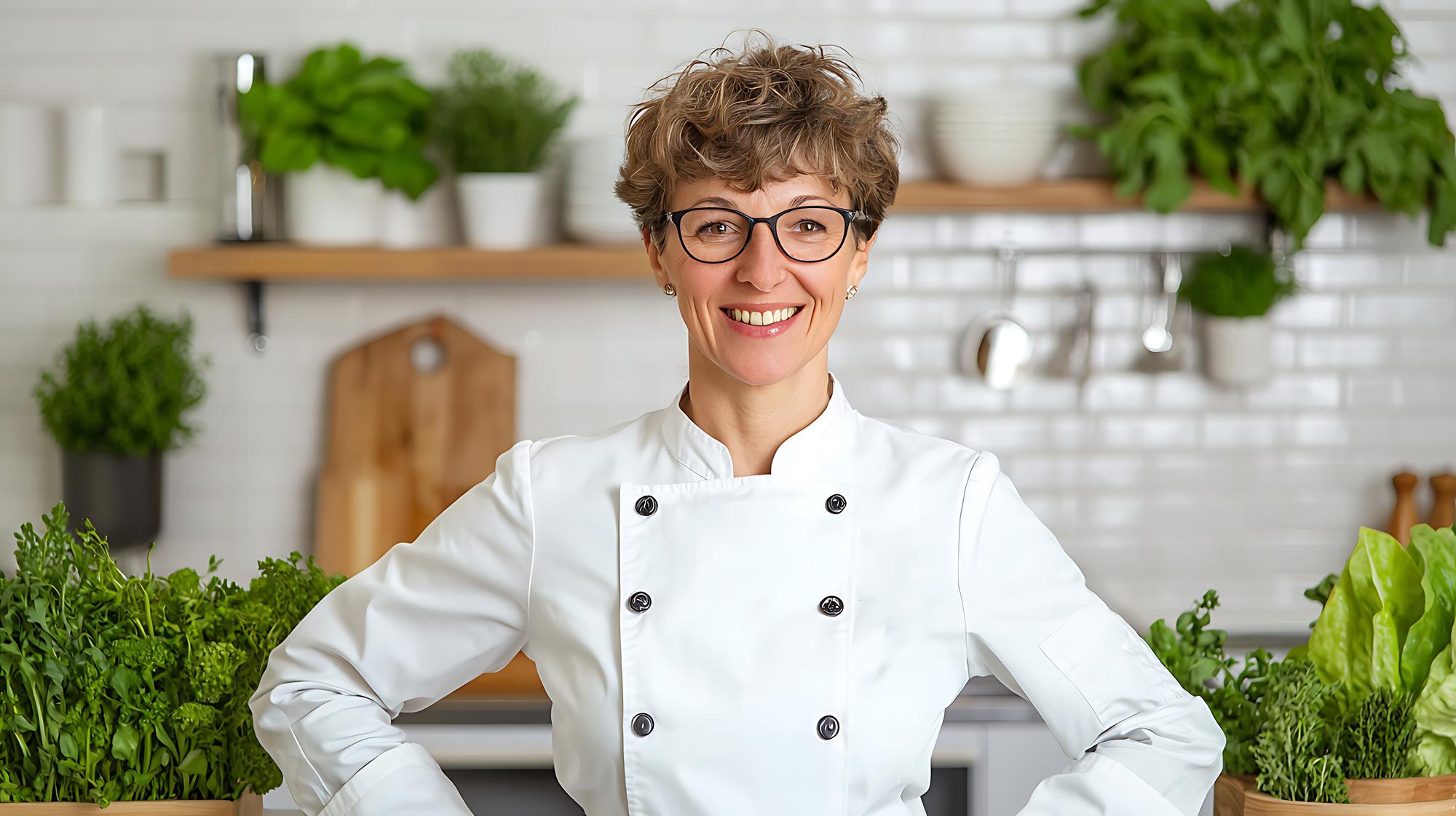 Chef che sorride mentre insegna online